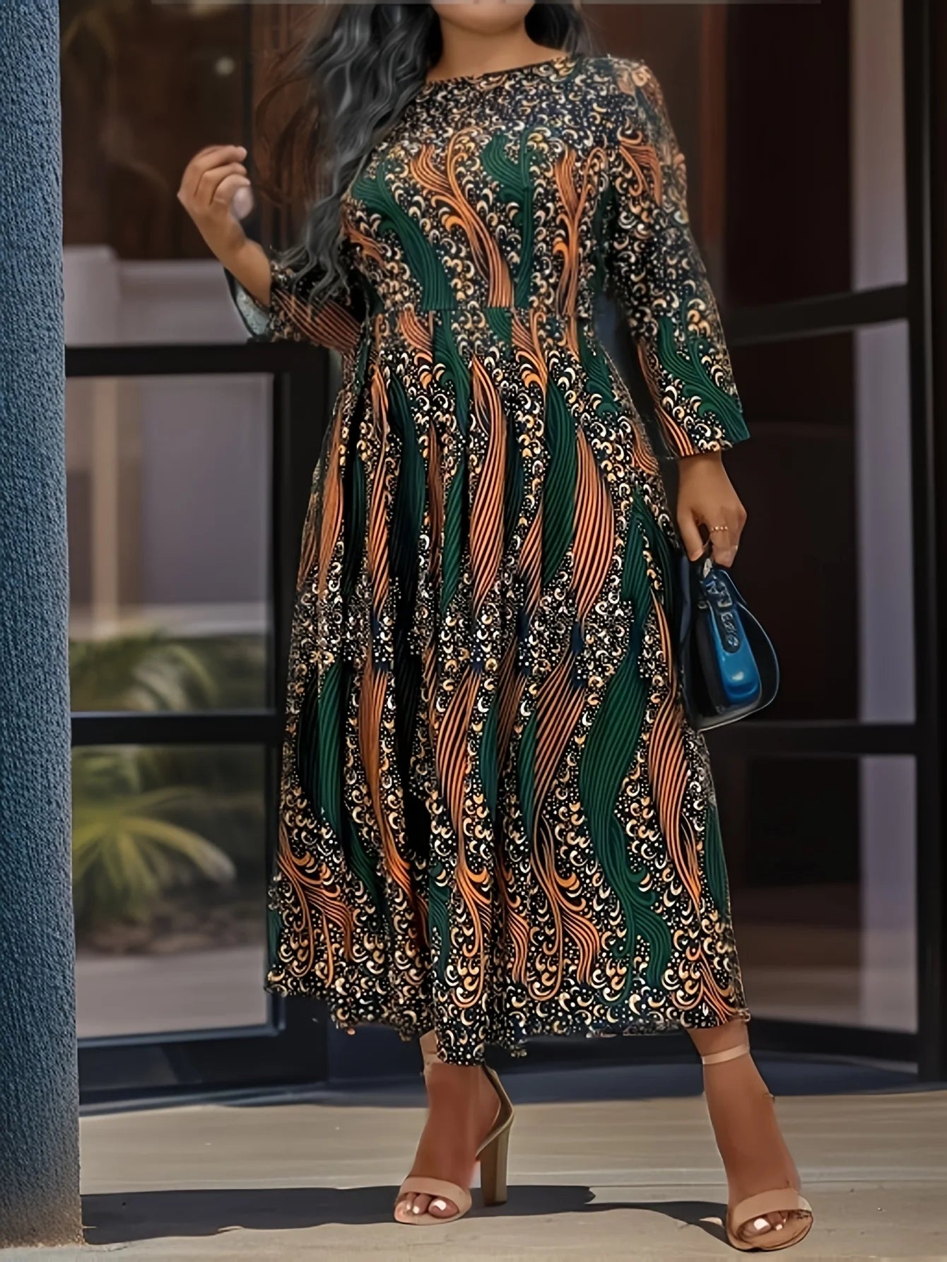 Plus size dress 1XL-5XL African tribal nationality printed large round neck long sleeve A-line skirt elegant fashion holiday