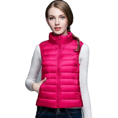 White Stand Collar Women's Sleeveless Down Vest Coat Winter Thin Slim Business Vests White Blue Black Red Women Waistcoat 3XL