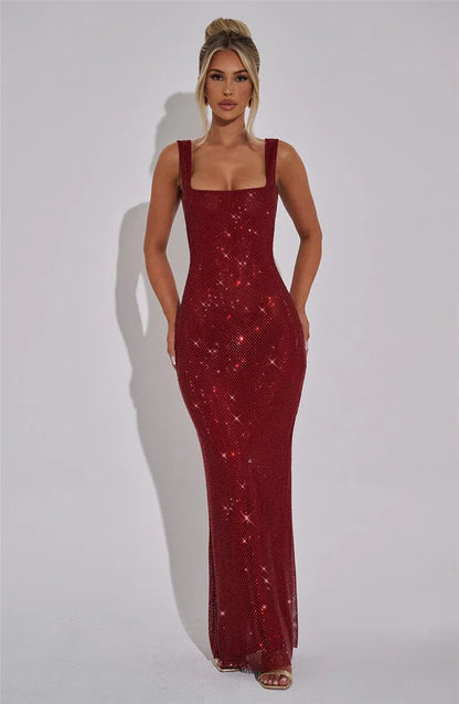 Mozision Sequins Backless Sexy Maxi Dress For Women Gown Fashion Sparkle Square Collar Sleeveless Bodycon Club Long Dress