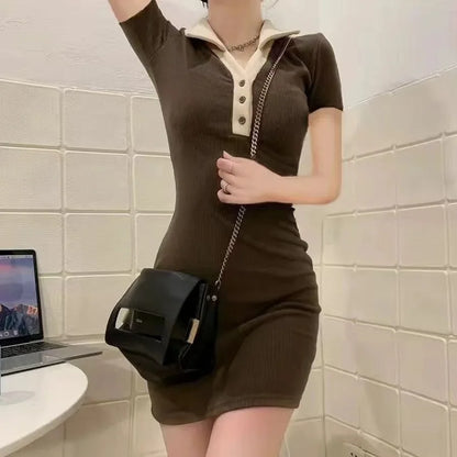 セクシースリムフィット長袖ポロネックミニスカートワンピース ショート丈 ポリエステル繊維 レディースファッション 春秋 韓国風