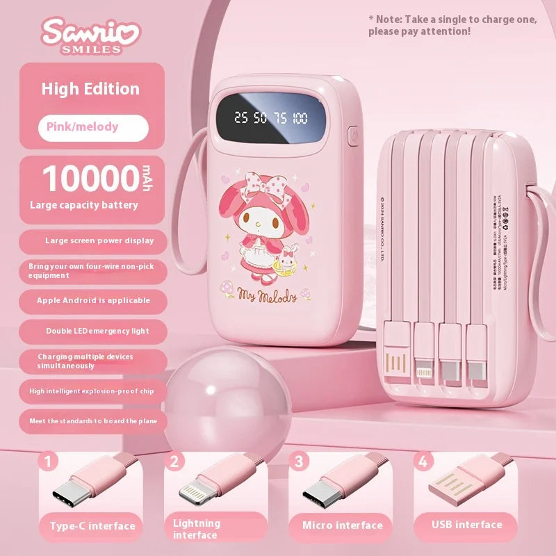 Kuromi 10000mah Power Bank With Built-In Cables - 18w Pd Fast Charging, Ultra Slim Portable Charger For Phone