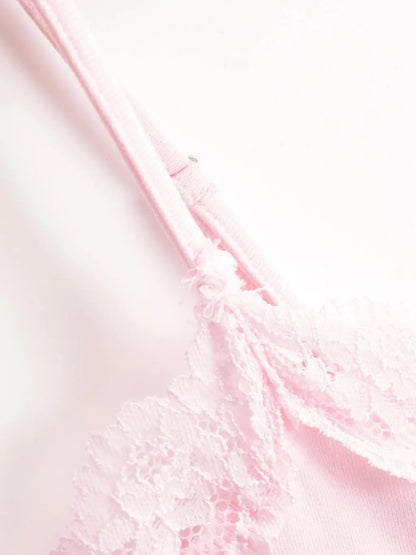 Sexy Bodysuit Tops For Women 2025 Summer Y2k Clothes Lace Panel BodySuits Women Solid Color Cami Bodysuit Backless Lace Top Pink