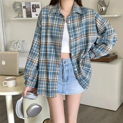 Women Tartan Shirt Long Sleeve Collared Button Up Oversized Plaid Shirt Jacket Grunge Fashion Teenage Girl Spring Summer Outfit