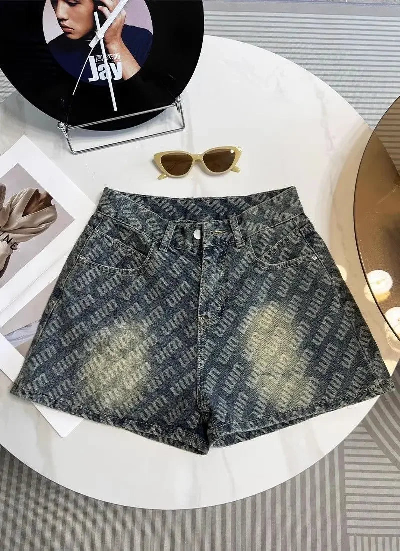 Letter Printed Denim Shorts  Women Design High Waist Loose Slimming Wide-leg A-line Hot Pants