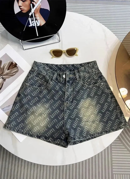 Letter Printed Denim Shorts  Women Design High Waist Loose Slimming Wide-leg A-line Hot Pants