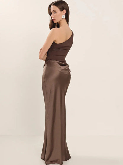 JULISSA MO Patchwork Satin Sexy One Shoulder Women Maxi Dress Brown Sleeveless Evening Dress Summer Slim Elegant Party Clubwear