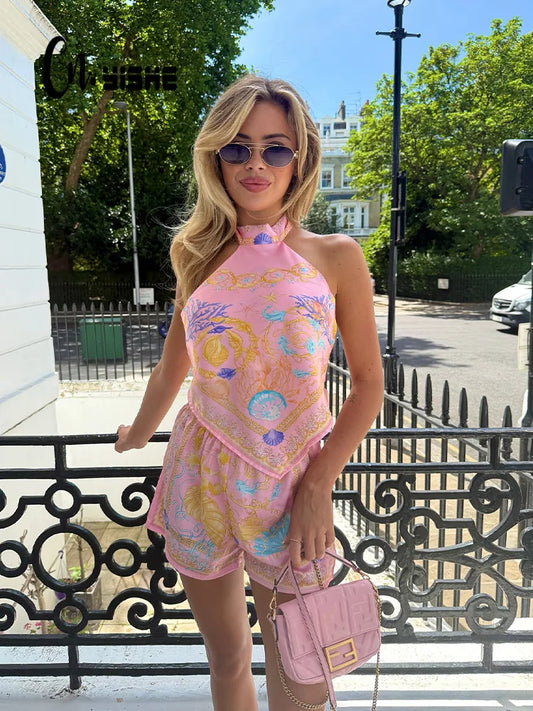 CNYISHE Halter Prints Backless Sleevless Suits Fashion Sheath Sexy Club Women Sets Summer Chic Female Fit 2-Pieces(Tops+Short)