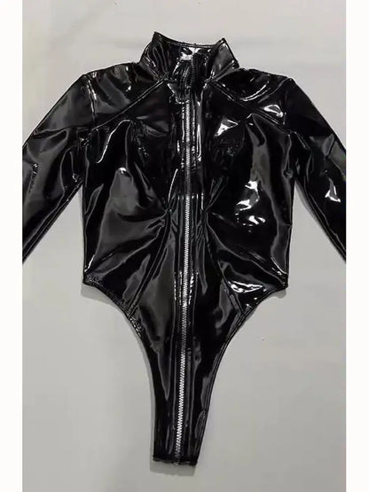 Shiny Faux PU Leather Zipper Open Crotch Bodysuit Wet Look PVC Catsuit Tight Sexy Body Teddies High Cut Swimsuit Leotard Unitard