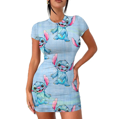 2022 Disney Stitch 3D Cartoon Print Tight Dress Short Sleeve Women's Tight Mini Dress Hip Print Kawaii beach party Women's Dress