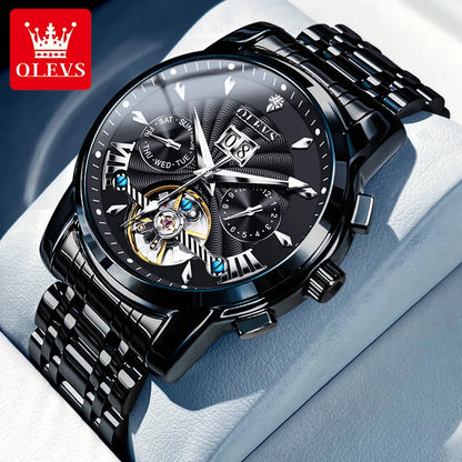 OLEVS 9965 Mechanical Watch for Men Tourbillon Dial Dual Calendar Display Luminous Automatic Mechanical Men's Watch
