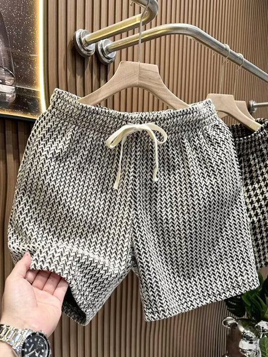 メンズ ホワイト プリント チェック柄 ショートパンツ 夏 スタイリッシュ ストレートレッグ カジュアル ビーチパンツ 快適 ポケット付き 軽量 ストリート ショートパンツ