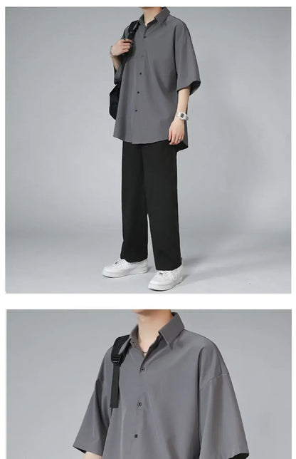 Men's Ice Silk Short Sleeve Shirt Casual Loose Fit Korean Style Trendy Black Shirt For Summer Thin Sleeve Casual