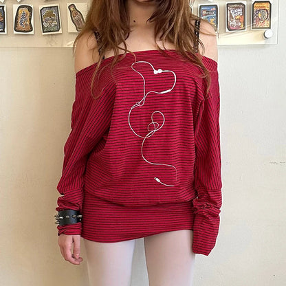 イーガール サイバーグランジ ストライプ Tシャツドレス 原宿 オフショルダー 長袖 ボディコン ドレス レディース プレッピー ヴィンテージ Y2K ショートドレス