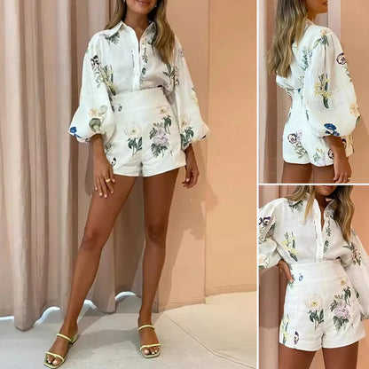 Mia Muse Boutique Women's Summer Fashion Sets Casual Floral Long Sleeve Shirt Collar Top High Waist Shorts Vacation Casual Sets