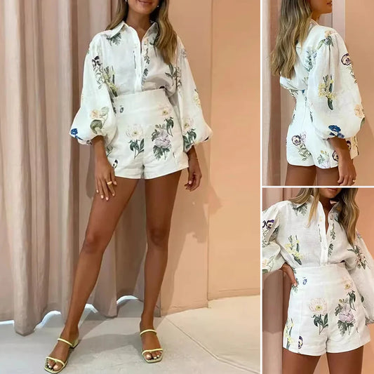 Mia Muse Boutique Women's Summer Fashion Sets Casual Floral Long Sleeve Shirt Collar Top High Waist Shorts Vacation Casual Sets