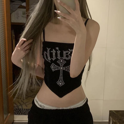 Dulzura Glitter Trendy Crop Top Strap Vest Slim Fit Base irt Hot Girl Summer 2024 ort Sle Letter Pattern Street Sle
