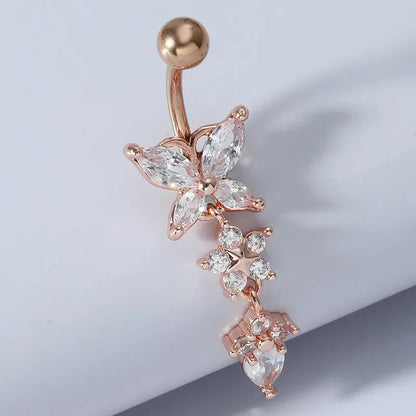 Alloy Zircon Navel Nail Ring Crystal Bar Barbell Drop Flower Dangle Body Piercing Belly Button Rings Men Women Body Jewelry Gift