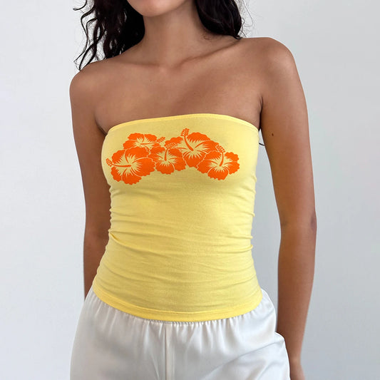 hirigin Y2k Floral Print Strapless Bandeau Top Summer Beach Backless Sleeveless Shirts Vest Fairy Coquette Off Shoulder Crop Top