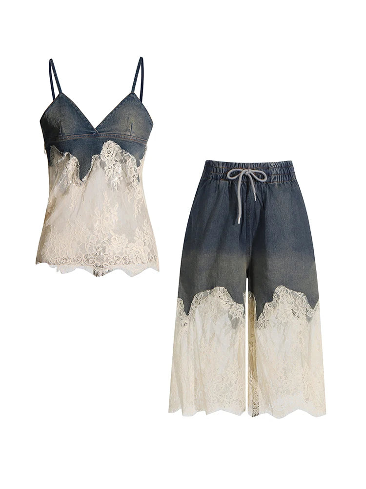 TWOTWINSTYLE Patchwork Lace Two Piece Set For Women V Neck Sleeveless Tops High Waist Loose Pant Slimming Denim Sets Female New