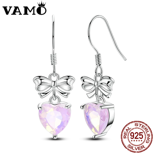 VAMO 925 Sterling Silver Bow Tie and Heart Earrings Women Sparkling Ear Studs CZ Earring For Anniversary Wedding Gift