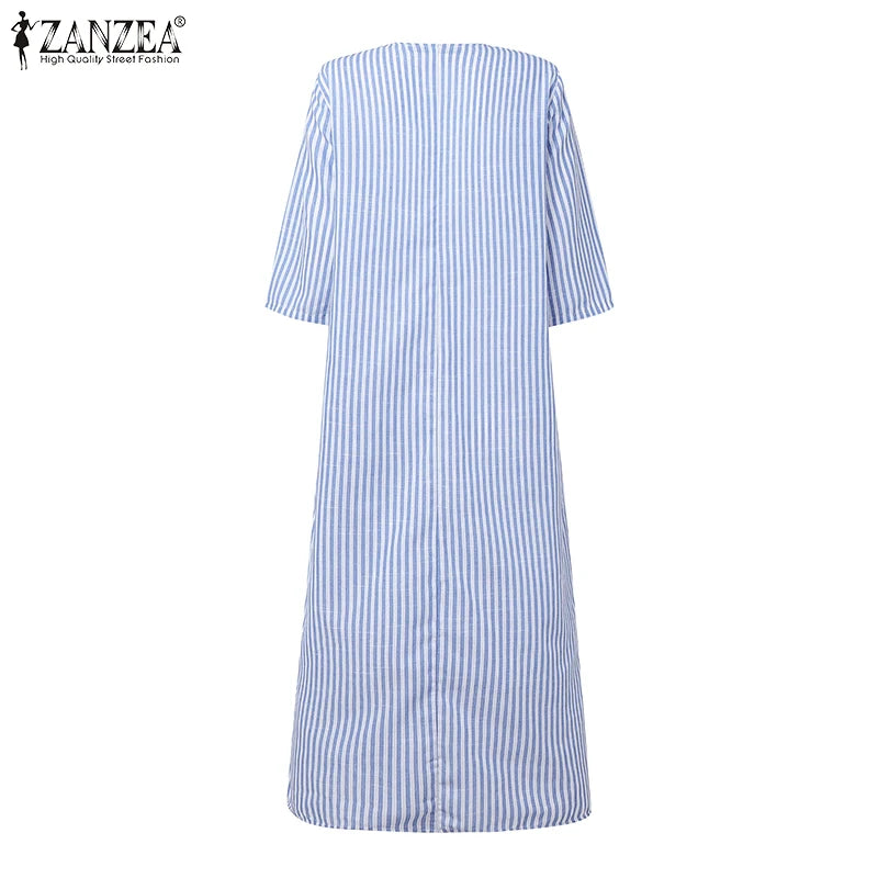 2025 Autumn Striped Dresses ZANZEA Fashion Women V Neck Long Sleeve Work Dress Elegant Office OL Sundress Maxi Long Vestido Robe