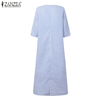 2025 Autumn Striped Dresses ZANZEA Fashion Women V Neck Long Sleeve Work Dress Elegant Office OL Sundress Maxi Long Vestido Robe