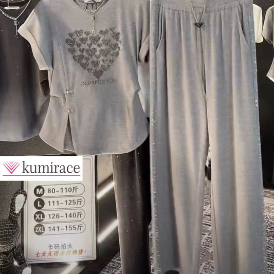 Bat Sleeve Summer Round Neck Fashionable Design Slit Slimming Top Long Pants Set Women's Casual Sports Two-piece Set Outfits