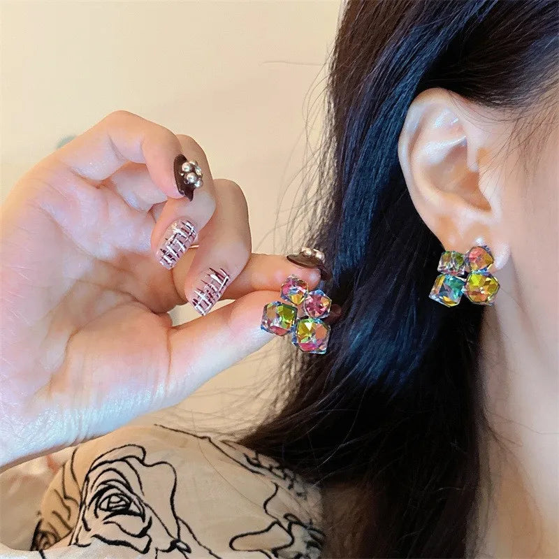 925 Silver Needle Korean Fashion Dream Colorful Crystal Earrings For Women Jewelry 2025 Trending Luxury Cube Sugar Stud Earrings