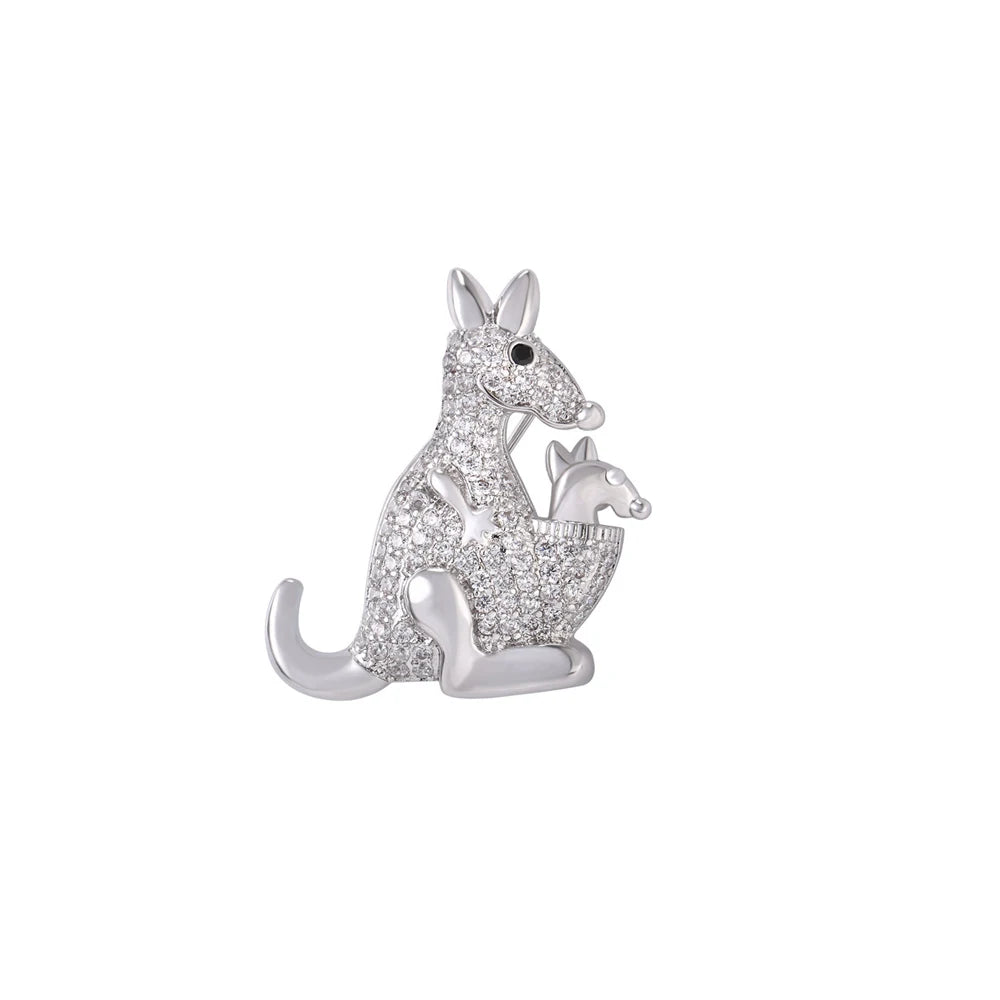 Clear White CZ Kangaroo Mother and Child Brooches Pin for Woman Cubic Zirconia Pave Setting Luxury Style Jewelry Gift for Her