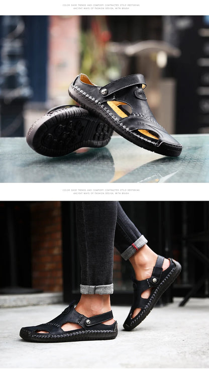 Sandals Man Summer 2023 Leather Slides Breathable Rome Male Outdoor Beach Platform Slippers Soft Hot Sale Men Flat Sandals