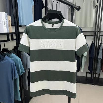 Top Grade Yarn Dyed Striped New Summer Tops Designer Round Neck Tshirt Men 2025 Brand Short Sleeve Casual Fashion Men Clothing