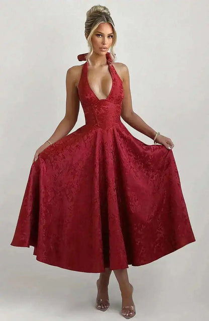 Giyu Club Evening Party Dresses Women 2025 Summer Sexy Bow Halter Long Dress Elegant Jacquard Lace Up Backless Birthday Robe