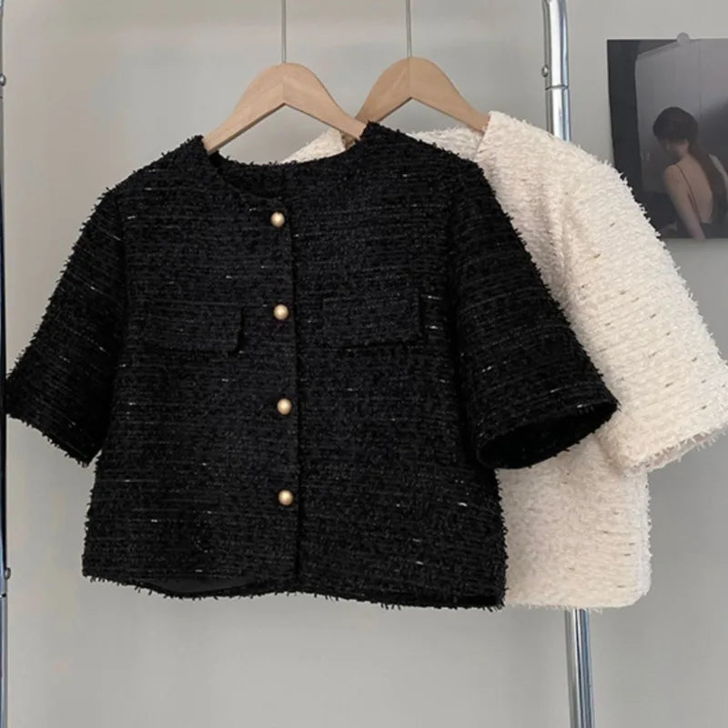 New Luxury Woolen Tweed Jacket Women Runway Short Sleeve French Style Short Coats Outwear Casacos chaqueta mujer Korean Fashion