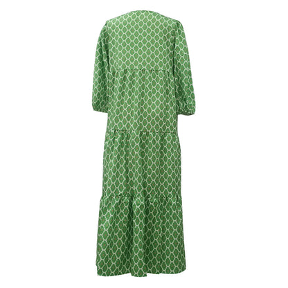 Women's Summer Casual Fashion Geometric Print Neckline Lace-up Bubble Middle-sleeves Ruffle Stitching Big Swing Long Losse Dress