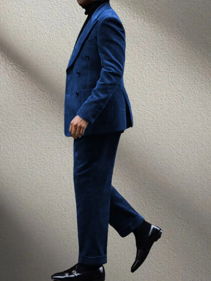 Autumn Winter Corduroy Men's 2 pieces suit Man blue suit Jacket suit Pants Suit Thick top for Wedding Banquet Business