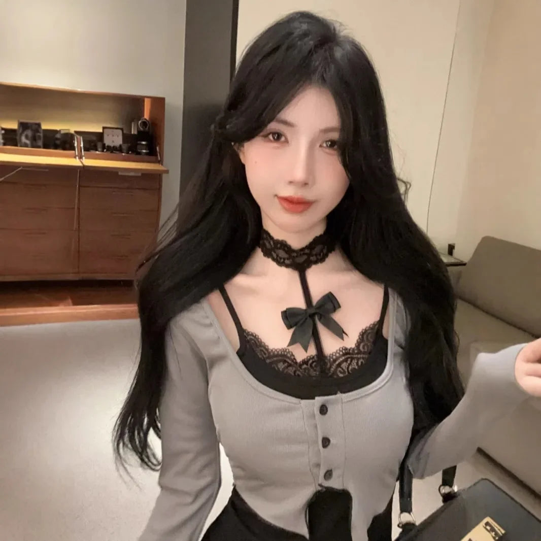 セクシーキャットガール スパイシーショートスカート 長袖レース ホールアウト ブラック バタフライノット ネックライン ミニドレス 中国ブランド