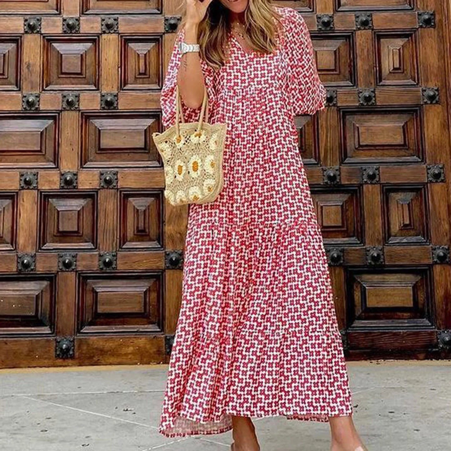 Women's Summer Casual Fashion Geometric Print Neckline Lace-up Bubble Middle-sleeves Ruffle Stitching Big Swing Long Losse Dress