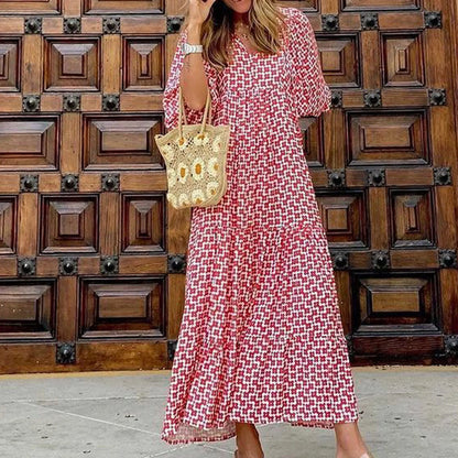 Women's Summer Casual Fashion Geometric Print Neckline Lace-up Bubble Middle-sleeves Ruffle Stitching Big Swing Long Losse Dress
