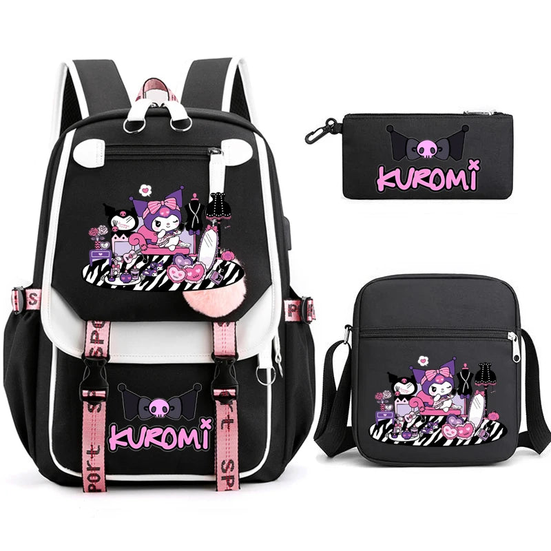 Kuromi Student Backpack 3pcs Cartoon Rucksack Girls School Bag High Capacity Women Backpack Female Cute Leisure Travel Mochilas