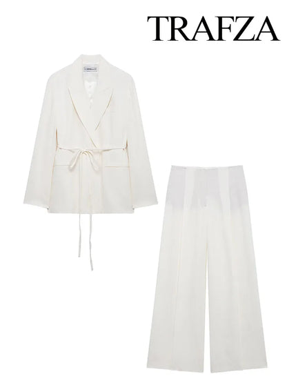 TRAFZA Women's Suits White Turn-Down Collar Long Sleeves Lace-Up Blazers+High Waist Zipper Long Pants Female Spring Fashion Sets