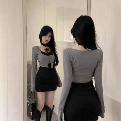 セクシーキャットガール スパイシーショートスカート 長袖レース ホールアウト ブラック バタフライノット ネックライン ミニドレス 中国ブランド