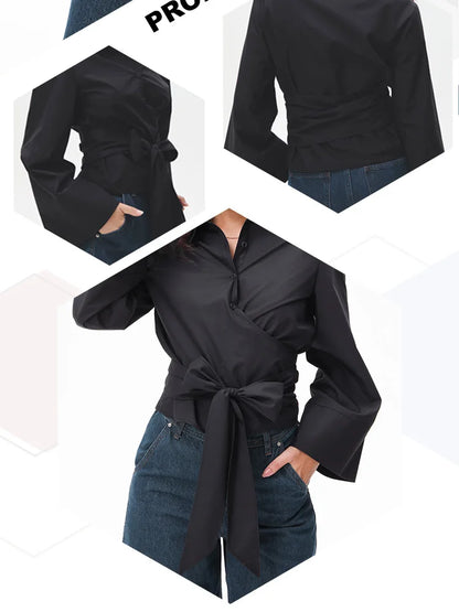 New Women's Fashion Casual Polo Neck Bow Tie up Short Edition Double Breasted Poplin Shirt