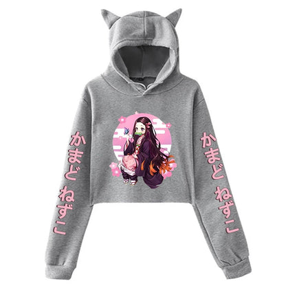 New Anime Kamado Nezuko Printing Cat Ear Hoodies Women Girls Fashion Streetwear Hoodies Sweatshirts Crop Top Pullover