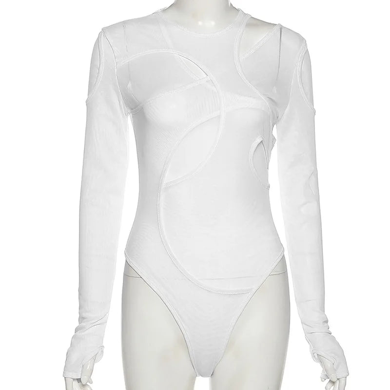 Summer Solid Color Bodysuit See-Through Sexy Hollow Design Women Top Jumpsuits Slim Fit For High Street Clubwear Female