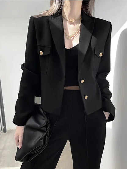 Zoki Casual Black Blazer Coats Women Fashion Slim Long Sleeve Elegant Short Jackets Fall Korean Double Buttons Office Lady Tops