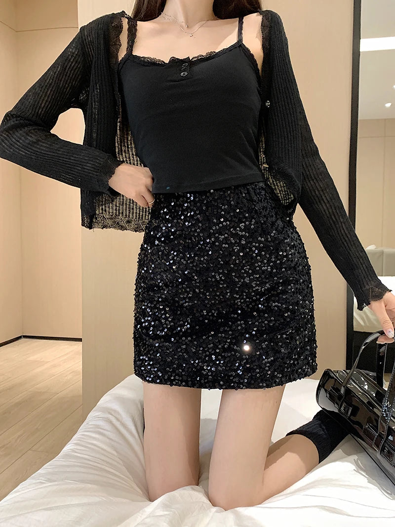 High Waist Sequined Casual A Line Skirts Women 2025 Elegant Korean Fashion Y2k Clothes Sweet Kawaii Black Micro Skirt Harajuku
