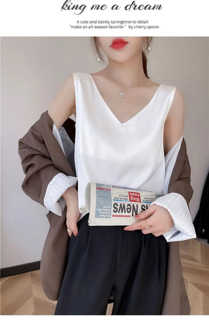 Acetate satin Camisole Women's V-neck Silk Satin vest Top elegant wild Avocado Green white black tank Women Crop Tops