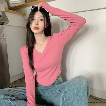 Black Clothing 2024 Top for Women Brown Woman T-shirt Sexy V Neck Tshirt Goth Old Aesthetic Causal 2000s Korea Stylish Kpop Tee