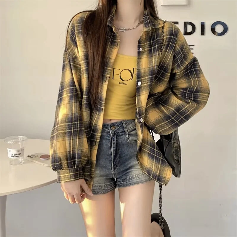 Women Tartan Shirt Long Sleeve Collared Button Up Oversized Plaid Shirt Jacket Grunge Fashion Teenage Girl Spring Summer Outfit