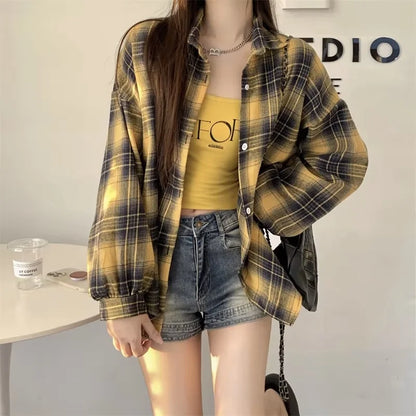 Women Tartan Shirt Long Sleeve Collared Button Up Oversized Plaid Shirt Jacket Grunge Fashion Teenage Girl Spring Summer Outfit